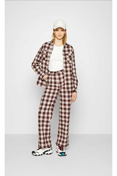 KARL KANI Retro Wide Leg Pants, Brown and Beige Gingham Checkered , High Wais...