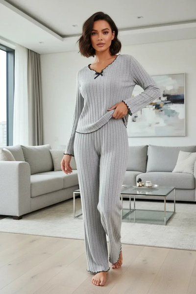 Beruflic Women's Gray Striped Bow Detailed Long Sleeve Seasonal Pajama Set Pr...