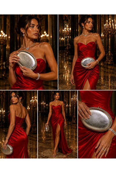 NAZART Rochie de seară argintie pentru femei, cu aspect încrețit, cu curea ti...