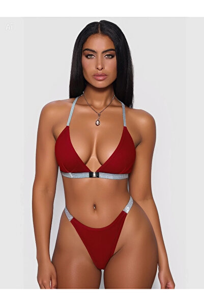 Beruflic Women's Burgundy Love Written Swimsuit Bikini with Cross Detail on t...