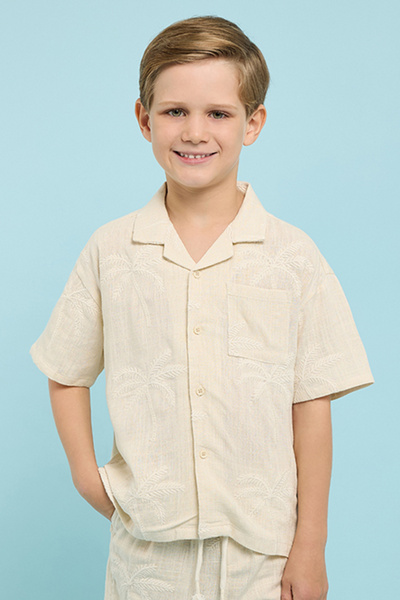 R&B Embroidered Shirt with Revere Collar and Short Sleeves