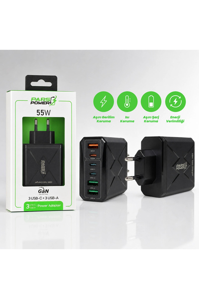 ParsPower Pars Power 55W Çoklu 6 Çıkış Hızlı Pd - Gan Adaptör Şarj Aleti-Cihazı