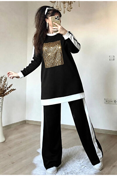 AZRA BUTİK Long Sleeve Front Square Stone Detailed Suit Black