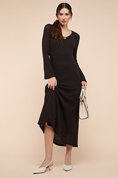 R&B Openwork Midaxi Dress with V-Neck and Flared Sleeves