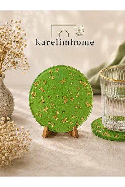 karelim home 2 li yeşil Bardak altlığı epoksi altın varak detaylı özel pırılt...