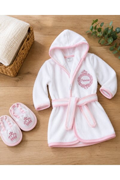Superbaby Halat de baie premium, cu papucei, alb cu margini roz, Princess, Ramel