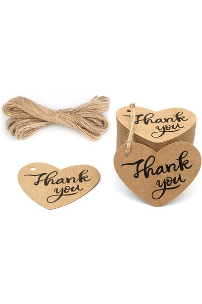 naturevo 100 Adet Kalp Kraft Hediye Etiketi – Thank You Baskılı, 20 Metre Jüt...