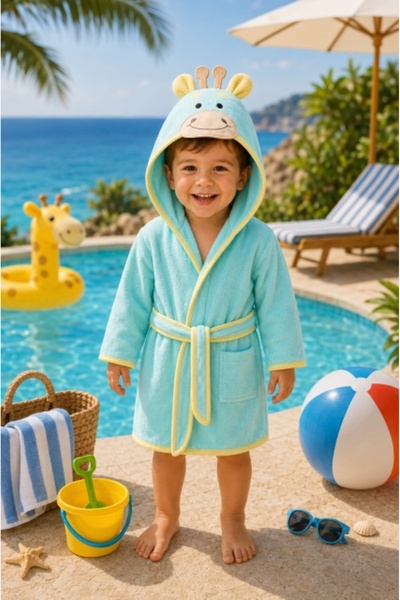 Superbaby Halat de baie Premium, turquoise, animalut brodat, model 3D, Ramel