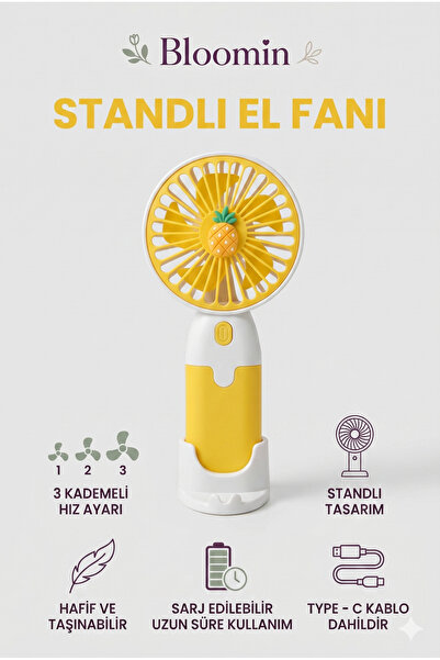 Bloomin Standlı Şarjlı Mini Taşınabilir El ve Masa Fanı - 3 Kademeli, Sevimli...