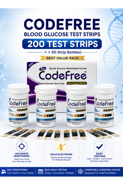 SD BIOSENSOR Pack of 4 CodeFree Blood Glucose Test Strips 200 Count 4x50 Gold...