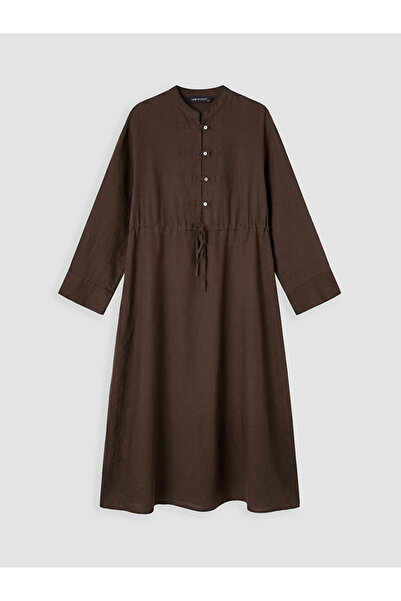 LC Waikiki Brown Ruffled Collar Gathered Linen Dress