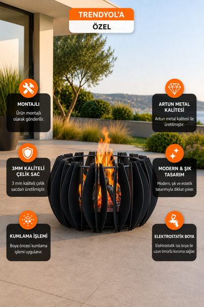 Artun Metal Black Sphere Modern Metal Ateş Çukuru Bahçe Şöminesi Dış Mekan Is...