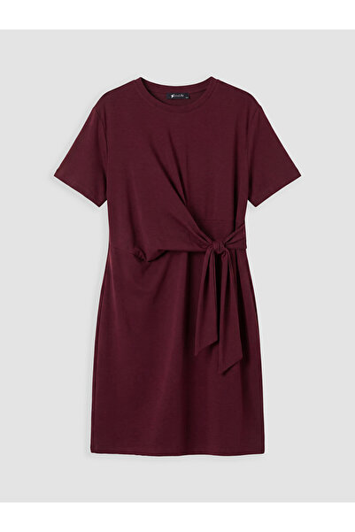 LC Waikiki Plum Color Tie-Neck Gathered Dress