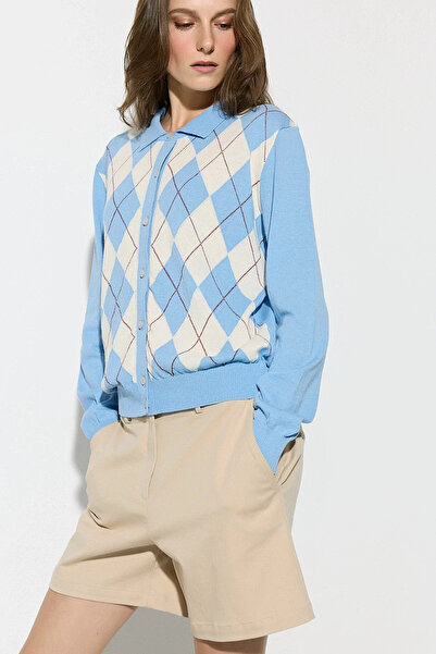 Gusto Baklava Patterned Polo Collar Knitwear Cotton Cardigan - Blue