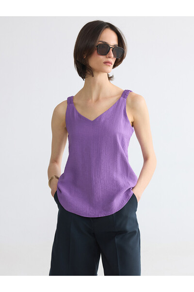 LC Waikiki Vizyon New Season Purple V-Neck Textured Gathered Blouse