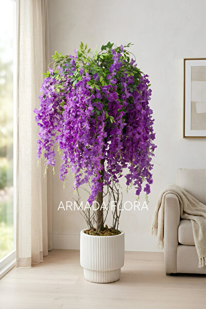 Armada Flora Dekoratif Çiçekli Yapay Mor Salkım Ağacı Modern Çizgili Beyaz Sa...