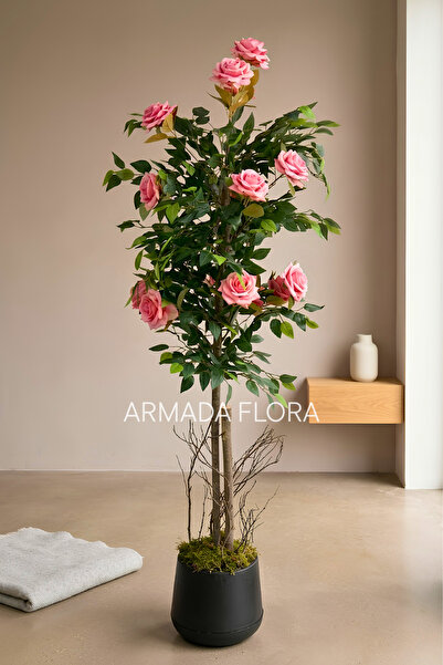 Armada Flora Yapay Pembe Gül Ağacı Doğal Ahşap Gövdeli Dekoratif Siyah Saksılı
