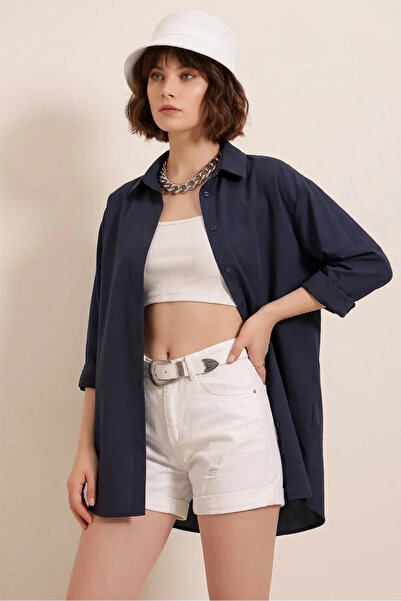 Generic Brand Women's Oversize Basic Cotton Navy Blue Shirt