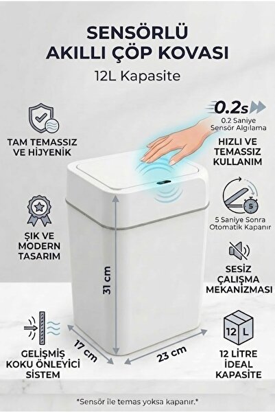Strong Life 12 Lt Sensörlü Otomatik Kapaklı Çöp Kovası Sessiz Temassız Koku Ö...