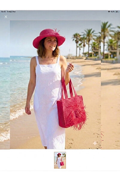 El örgüsü Megahan Rose Motif Tassel Summer Bag Hat Set