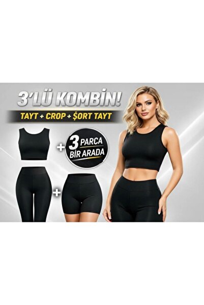 önerS Premium 3 Parça Spor Takım - Dalgıç Kumaş Yüksek Bel Toparlayıcı (Tayt-...