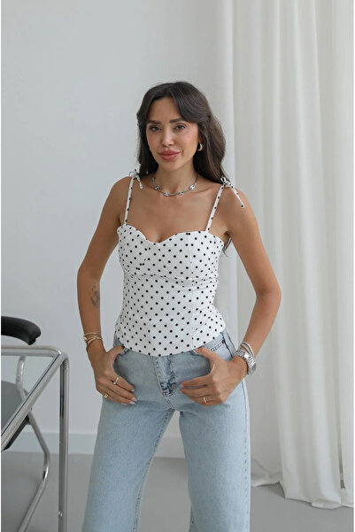 My Blog White Polka Dot Blouse with Tie Straps - 5111