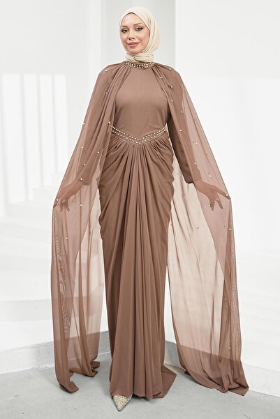 İmajButik Mink Shoulder Cape Pearl Embellished Evening Dress