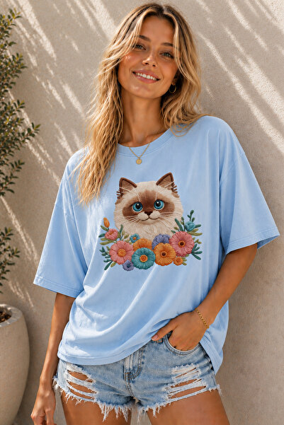ArtYus Χαριτωμένο μπλουζάκι Unisex Oversize με στάμπα λουλουδιών και γάτας – ...