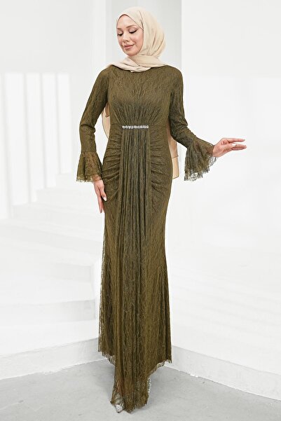 İmajButik Khaki Lace Evening Dress with Flounces and Stones on the Sleeves