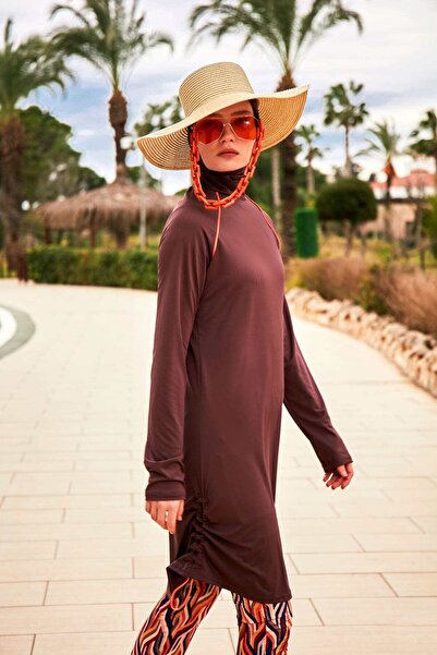 Marina Brown Patterned Full-Coverage Hijab Swimsuit 4-Piece Set M2466