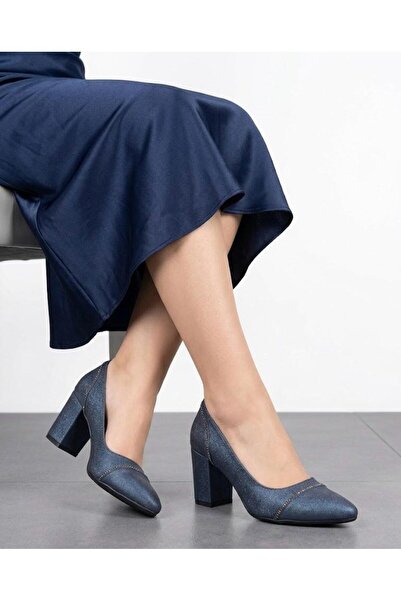 Lütfi Women's Navy Blue Thick Heel Comfortable Fit Heeled Shoes