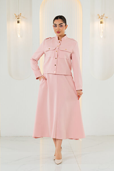 ELAY Fashion Women's Powder Hakim Collar Button Detailed Skirt 2-Piece Set