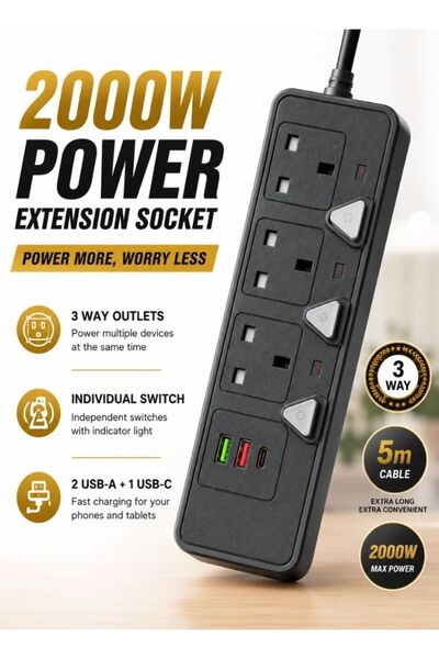 Premium 3 Way Extension Socket with USB Ports