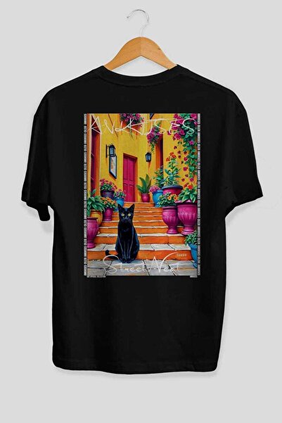 Ankhises 55 Cats for the Sake of Cats Printed Black Oversize T-Shirt 100% Cot...