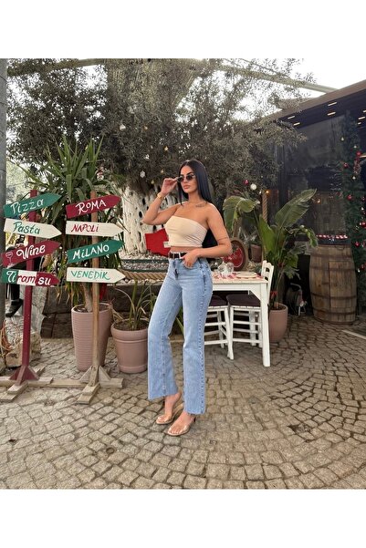 Aida Fashion Kesik paça detay Straight Jeans Premuim