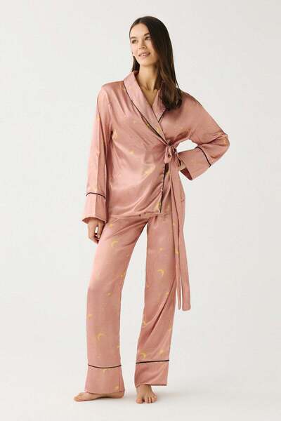 C&City Luna Touch Kimono Pants 2-Piece Satin Set Mink