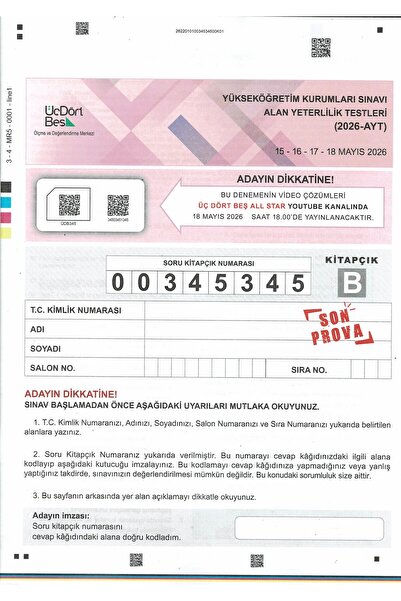 Üç Dört Beş Yayıncılık Üç Dört Beş AYT 2026 SON PROVA (15-16-17-18 Mayıs) Tek...
