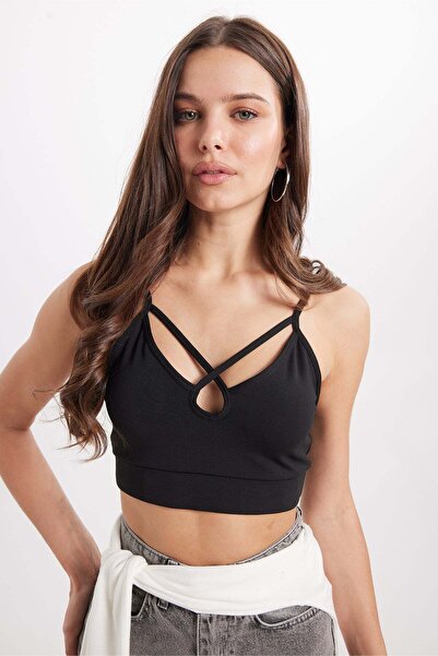 Tudors Γυναικείο Slim Fit Στενό Εφαρμοστό Μαύρο Crop με Σταυρωτό Δέσιμο και Λ...