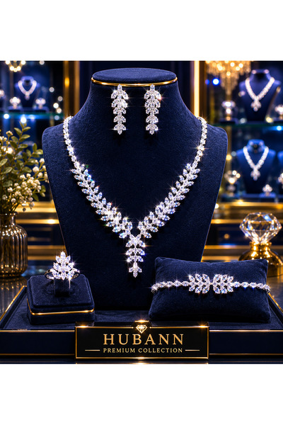 HUBANN Royal Leaf Markiz Kesim Zirkon Taşlı Pırlanta İşçiliği 4'lü Takı Seti ...