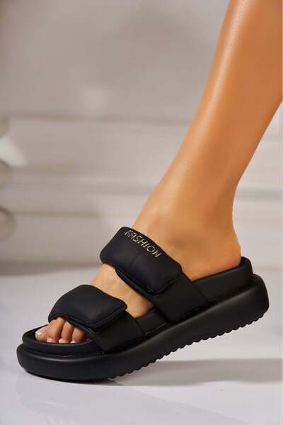 Joana Eralyne Black Faux Leather Slides Size 39