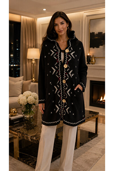 BALİS PİJAMA Women's Cream Black Ethnic Patterned Hooded Knitwear Coat with W...