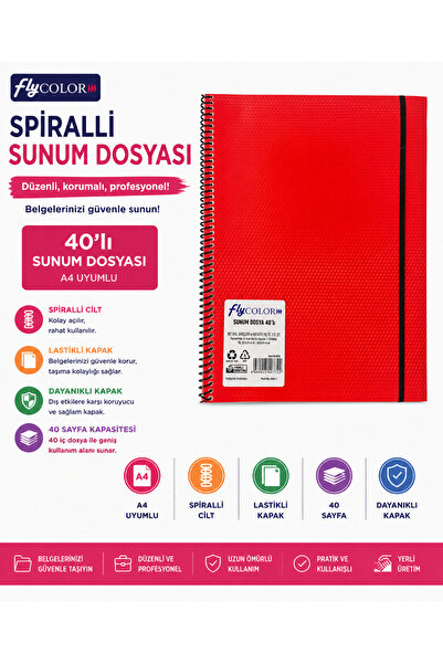 FLY COLOR A4 Spiralli Sunum Dosyası 40'lı Lastikli Kırmızı