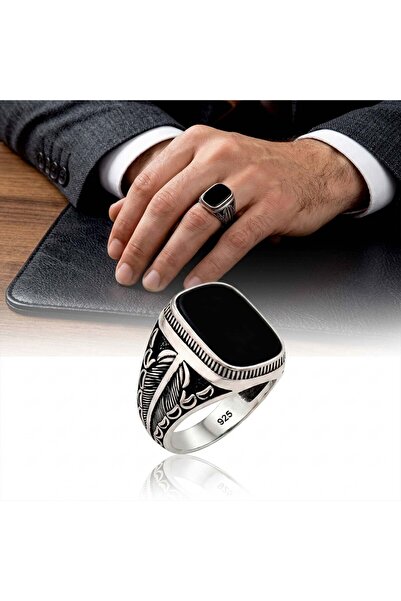 Argento Silver Gümüş Yüzük 925 Ayar Siyah Oniks Taşlı