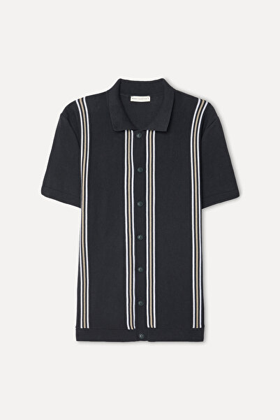 Mudo Men's Navy Blue Striped Regular Fit Short Sleeve Knitwear Shirt