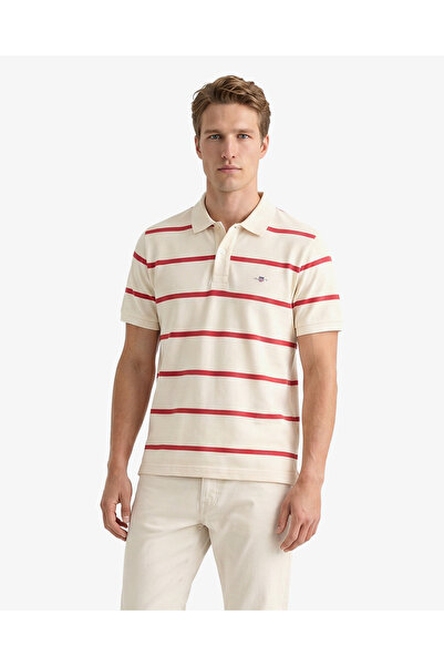 Gant Erkek Krem Regular Fit Çizgili Logolu Polo Yaka T-Shirt