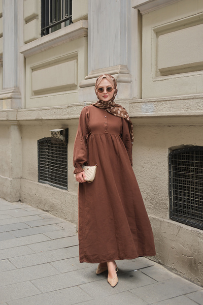 LOCCO Women's Side Tie Detailed Crew Neck Dress Brown