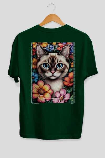 Ankhises For the Love of Cats 64 Cats Printed Green Oversize T-Shirt 100% Cot...