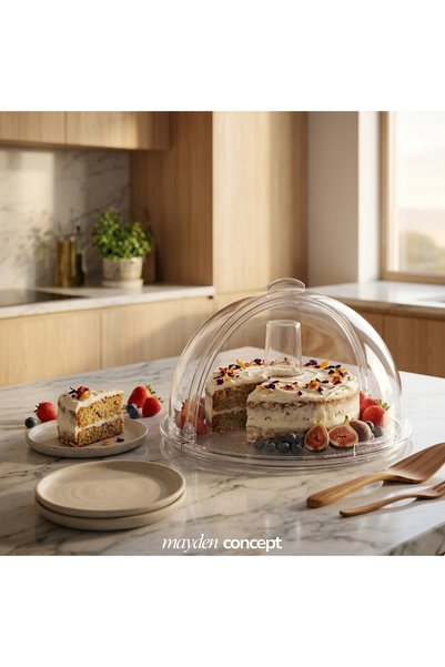 Mayden Concept وعاء تقديم دائري من البولي كربونات مقاس 350 مم، مقاوم للكسر والصدمات، مع غطاء قابل للطي، لتقديم الكيك والبسكويت ووجبات الإفطار