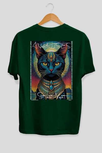 Ankhises For the Love of Cats 66 Cats Printed Green Oversize T-Shirt 100% Cot...