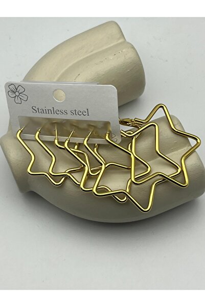 BİJU YILMAZ 26Clk79 Gold Star Shaped Steel Hoop Earring Set